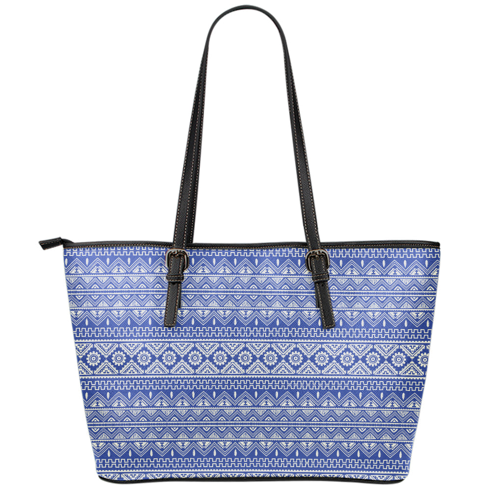 Blue And White African Pattern Print Leather Tote Bag