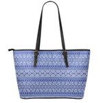 Blue And White African Pattern Print Leather Tote Bag