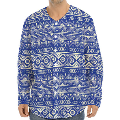 Blue And White African Pattern Print Long Sleeve Baseball Jersey
