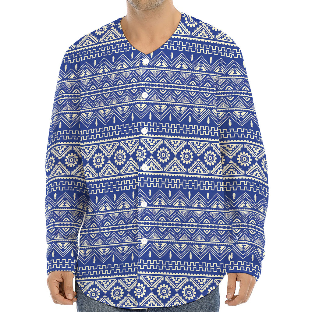 Blue And White African Pattern Print Long Sleeve Baseball Jersey