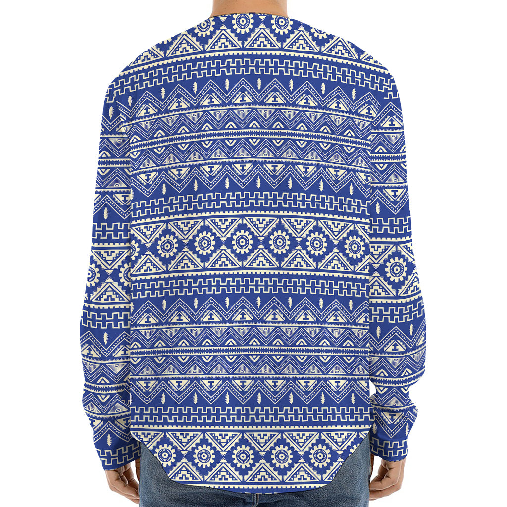 Blue And White African Pattern Print Long Sleeve Baseball Jersey