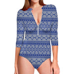 Blue And White African Pattern Print Long Sleeve Swimsuit