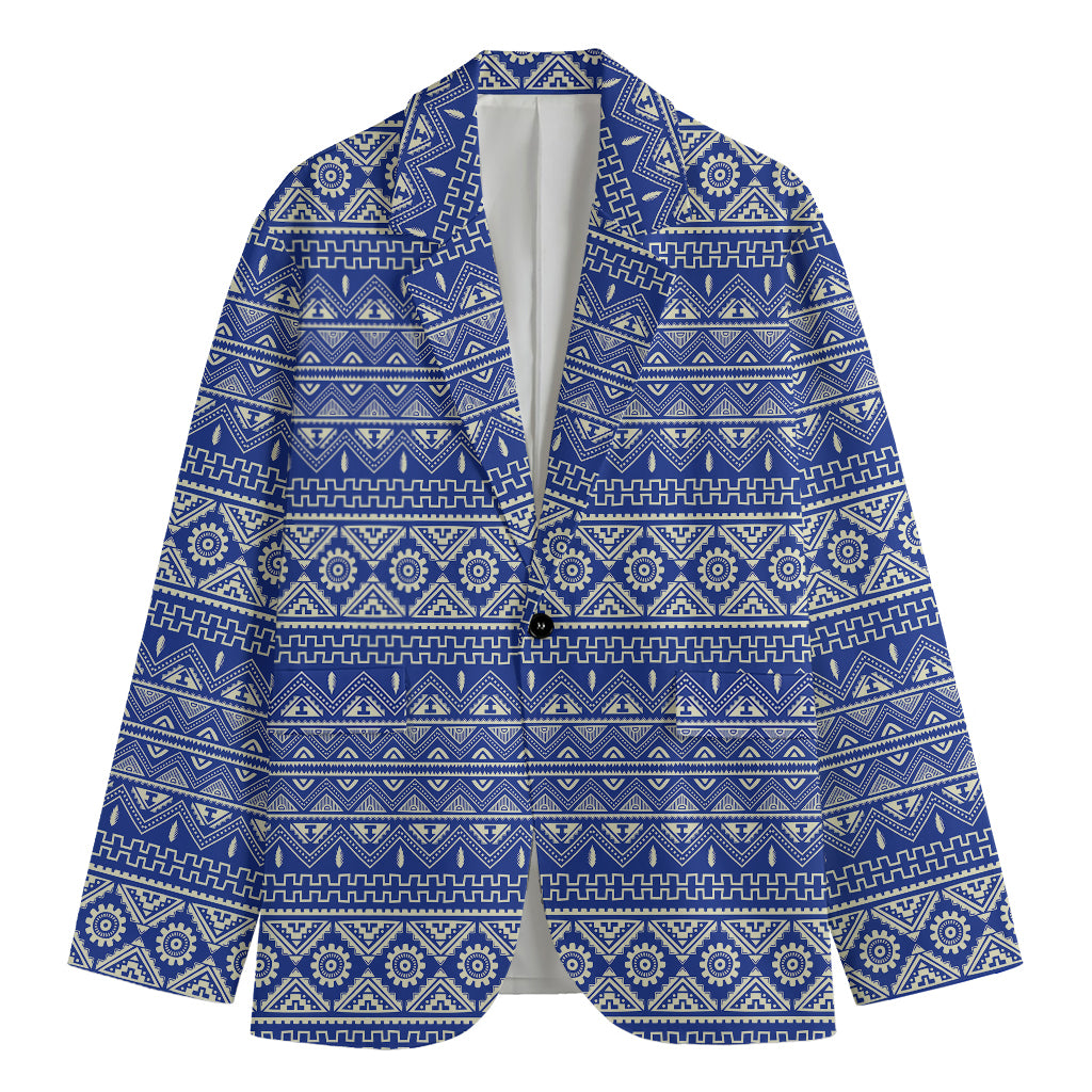 Blue And White African Pattern Print Men's Cotton Blazer