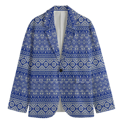 Blue And White African Pattern Print Men's Cotton Blazer