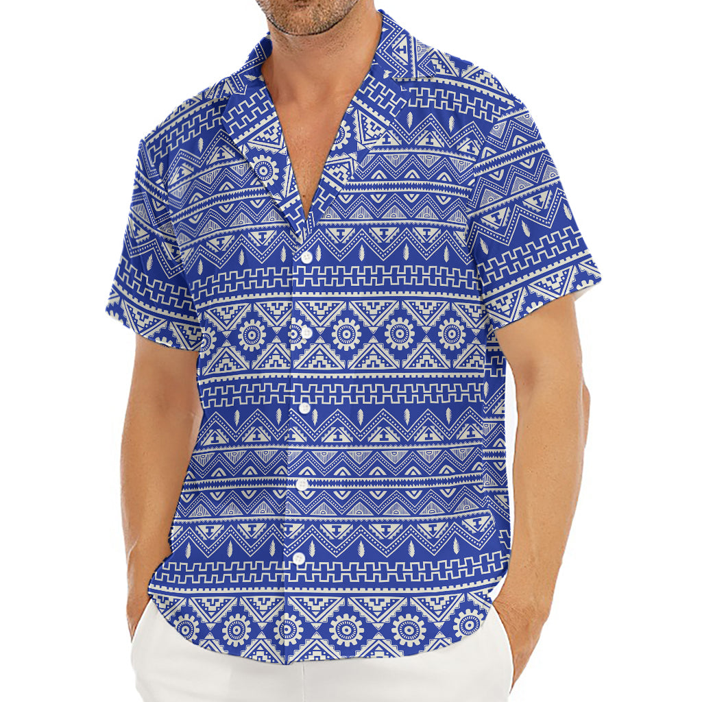 Blue And White African Pattern Print Men's Deep V-Neck Shirt