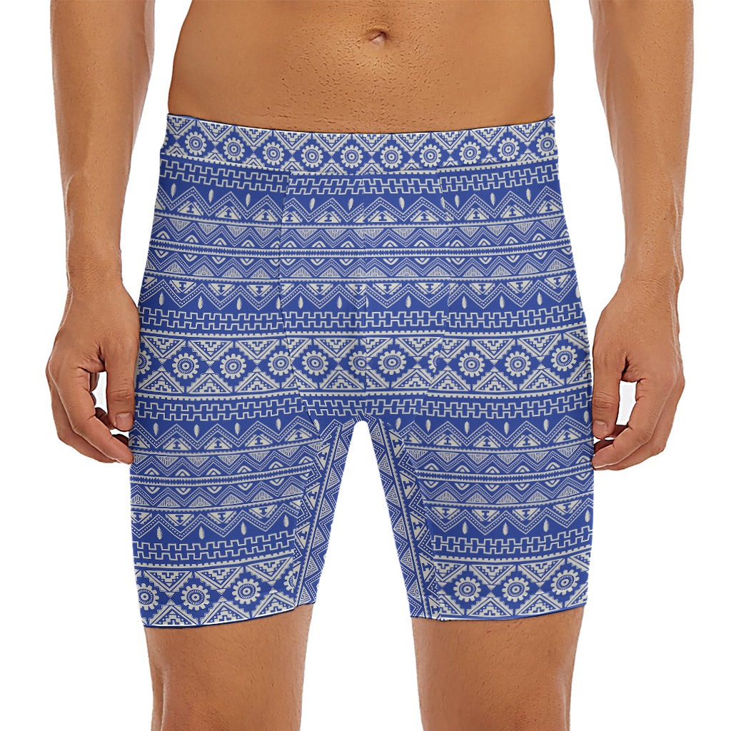Blue And White African Pattern Print Men's Long Boxer Briefs
