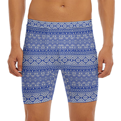 Blue And White African Pattern Print Men's Long Boxer Briefs
