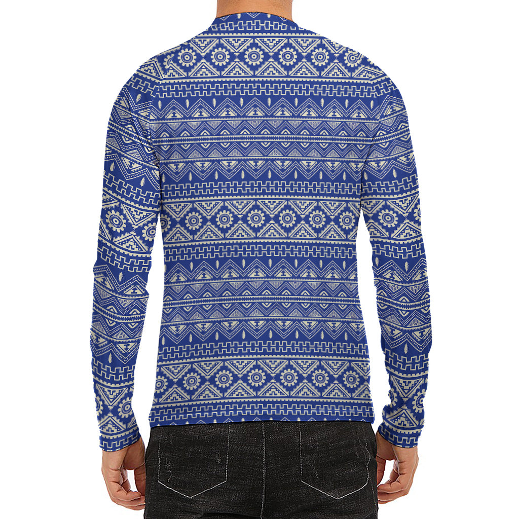 Blue And White African Pattern Print Men's Long Sleeve Rash Guard
