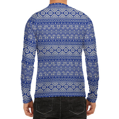 Blue And White African Pattern Print Men's Long Sleeve Rash Guard