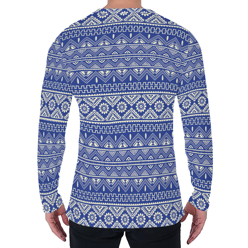 Blue And White African Pattern Print Men's Long Sleeve T-Shirt
