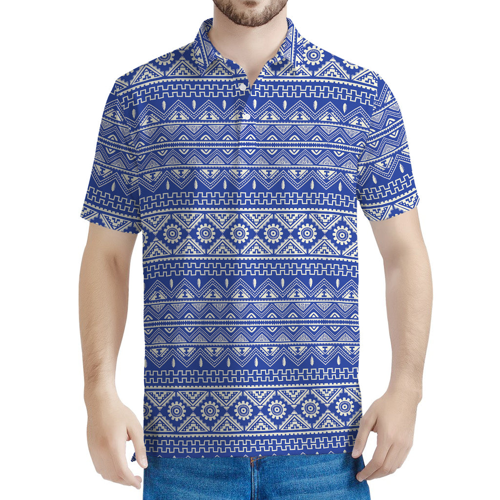 Blue And White African Pattern Print Men's Polo Shirt