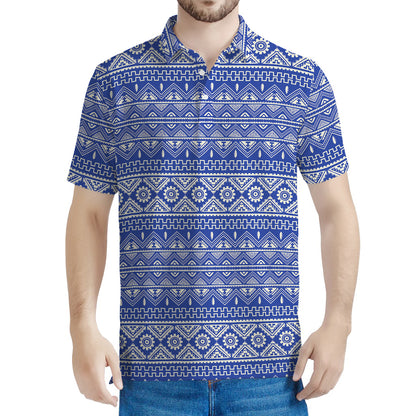 Blue And White African Pattern Print Men's Polo Shirt