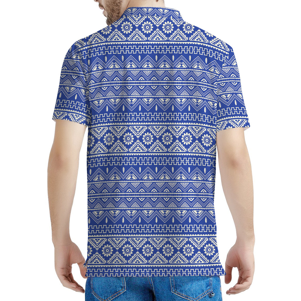 Blue And White African Pattern Print Men's Polo Shirt