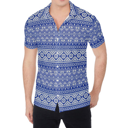 Blue And White African Pattern Print Men's Shirt