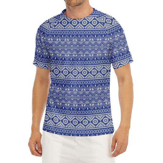 Blue And White African Pattern Print Men's Short Sleeve Rash Guard