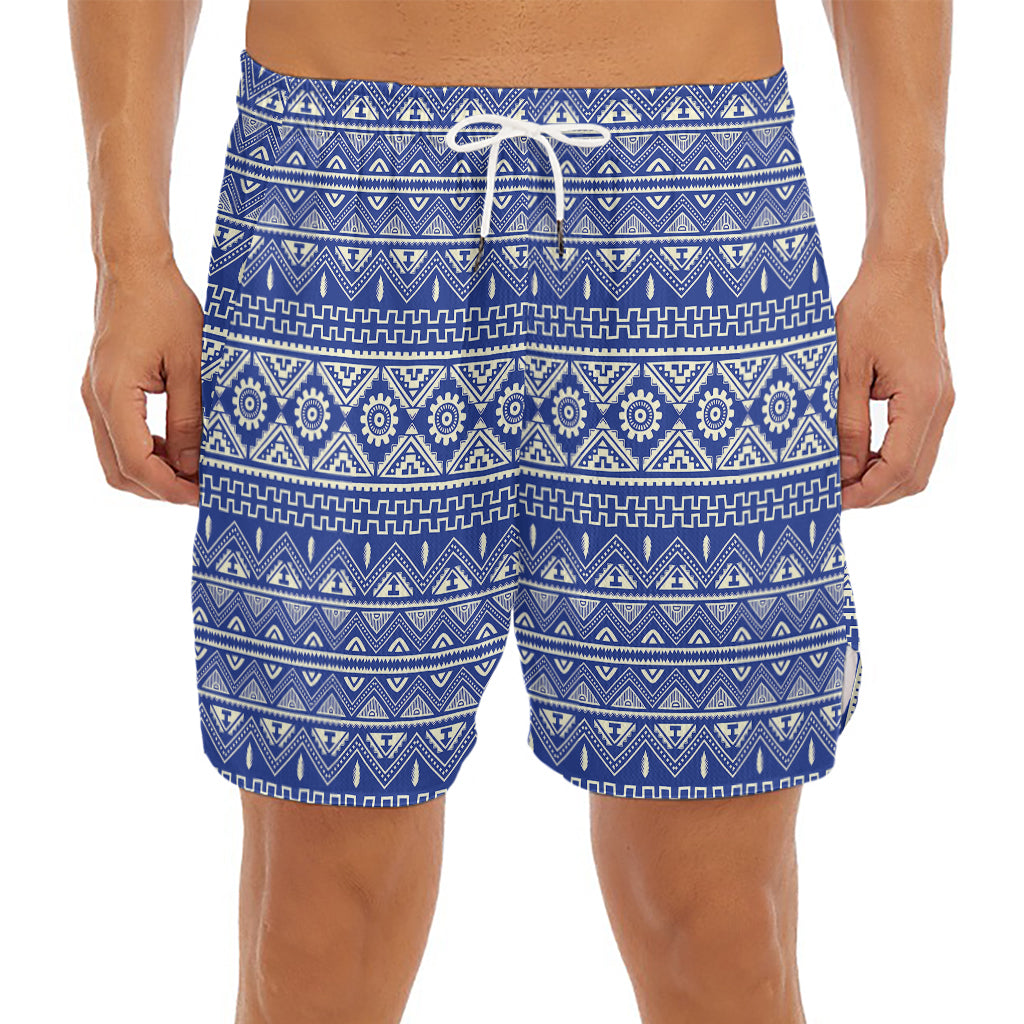 Blue And White African Pattern Print Men's Split Running Shorts