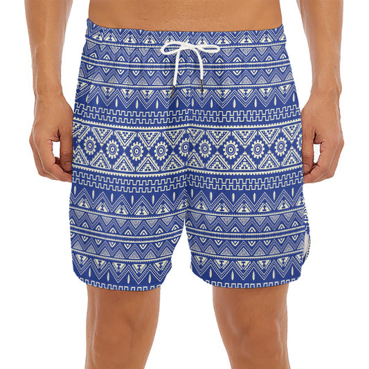 Blue And White African Pattern Print Men's Split Running Shorts