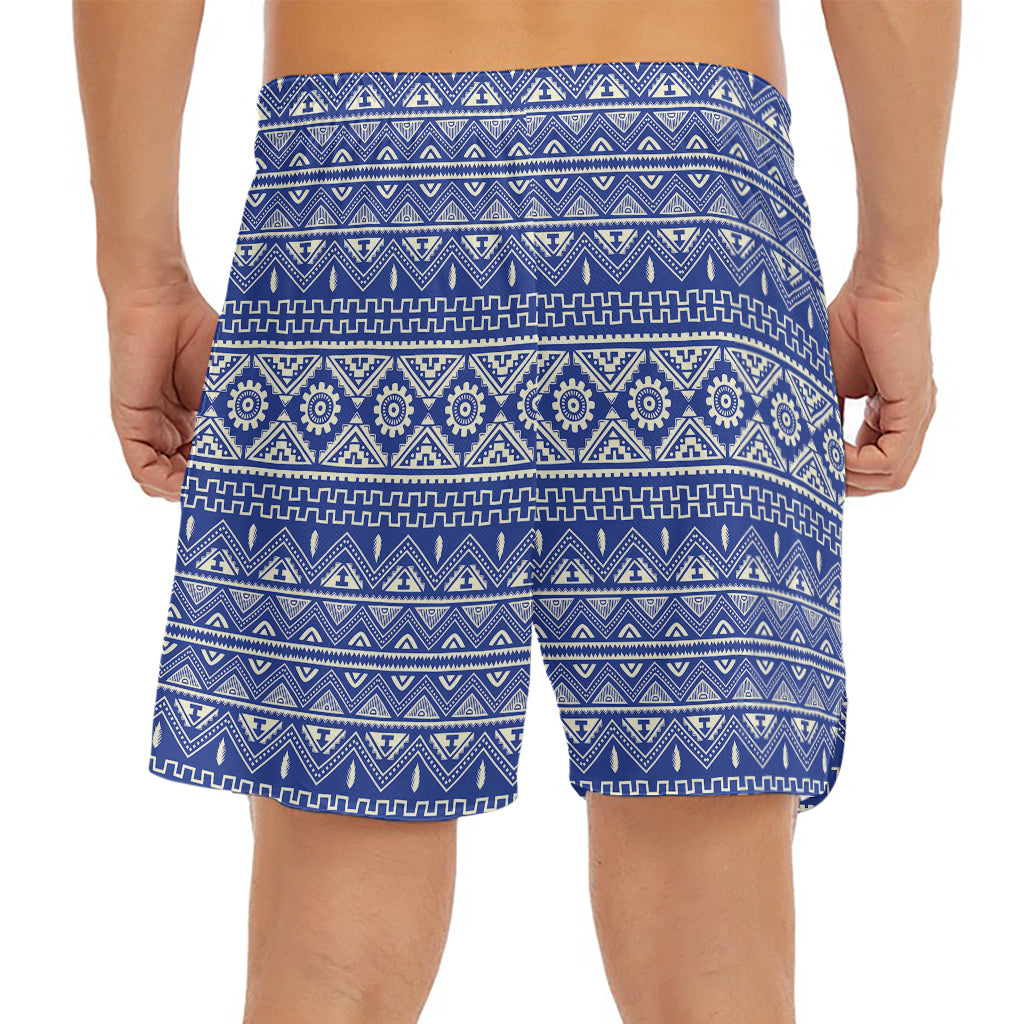 Blue And White African Pattern Print Men's Split Running Shorts