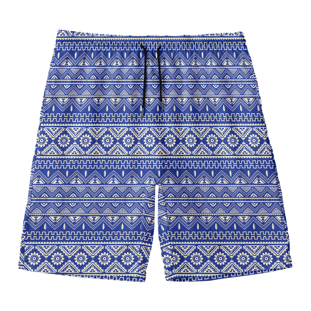 Blue And White African Pattern Print Men's Swim Trunks