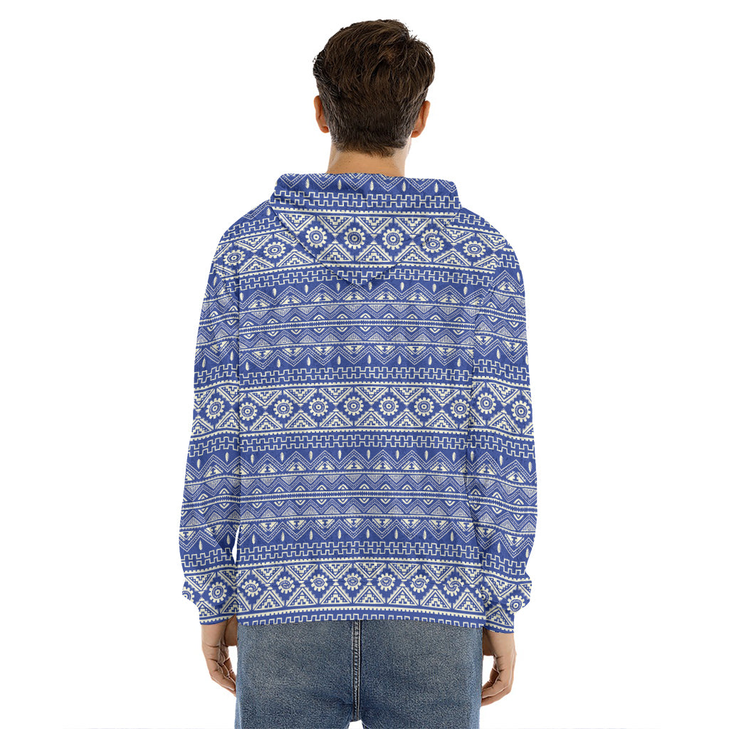 Blue And White African Pattern Print Men's Velvet Pullover Hoodie