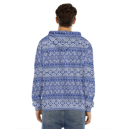 Blue And White African Pattern Print Men's Velvet Pullover Hoodie