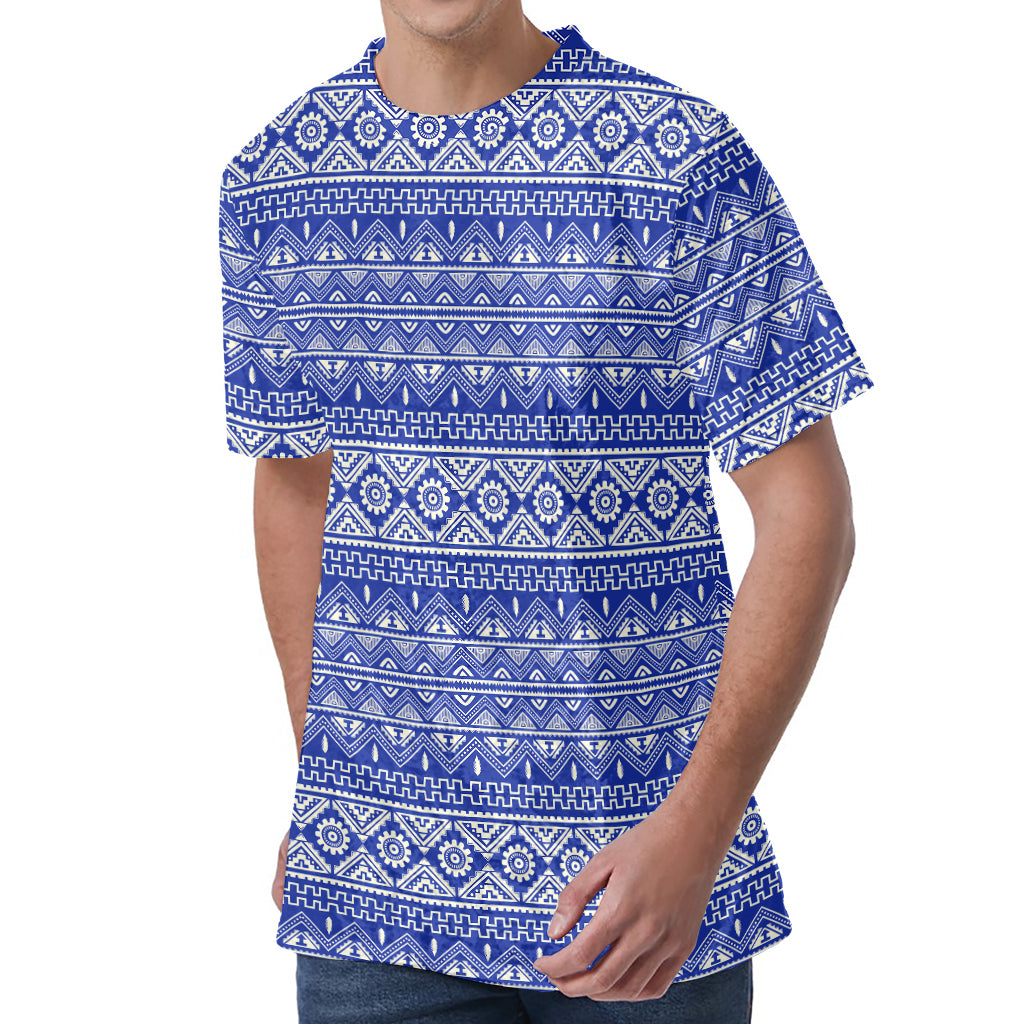 Blue And White African Pattern Print Men's Velvet T-Shirt