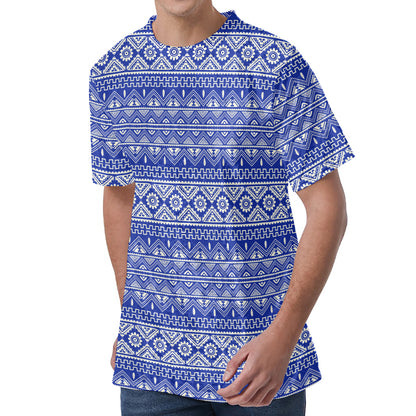 Blue And White African Pattern Print Men's Velvet T-Shirt