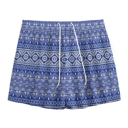 Blue And White African Pattern Print Mesh Shorts