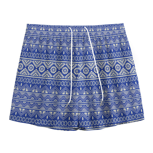 Blue And White African Pattern Print Mesh Shorts