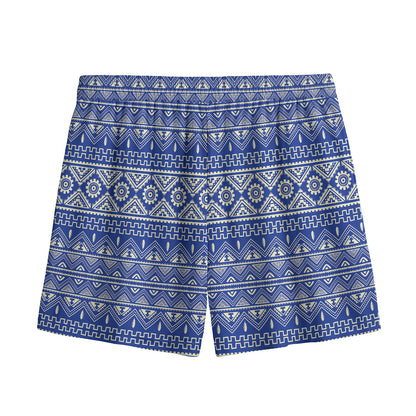 Blue And White African Pattern Print Mesh Shorts