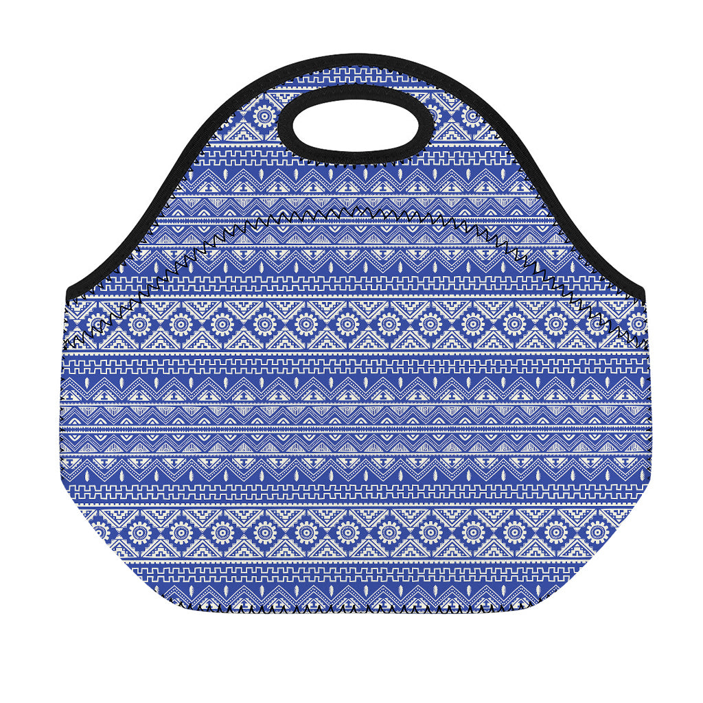 Blue And White African Pattern Print Neoprene Lunch Bag