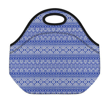 Blue And White African Pattern Print Neoprene Lunch Bag