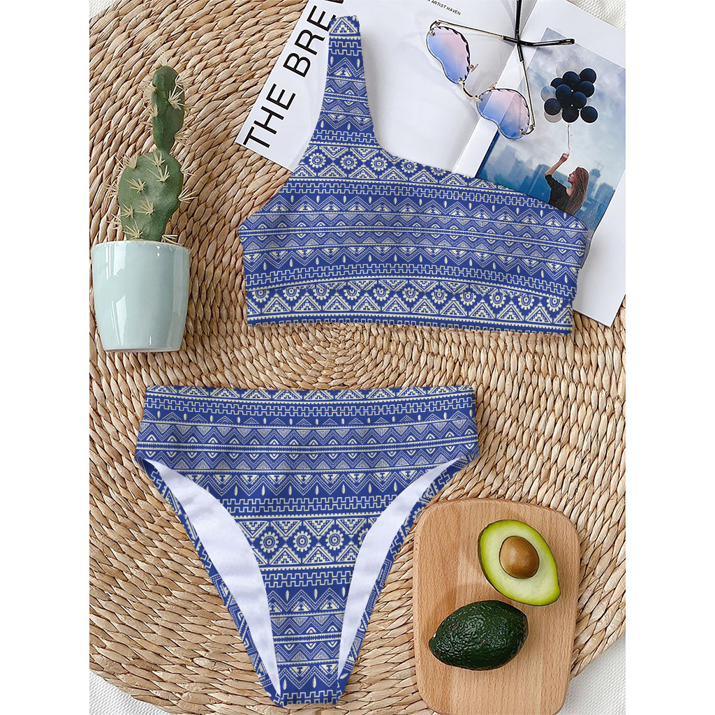 Blue And White African Pattern Print One Shoulder Bikini Top