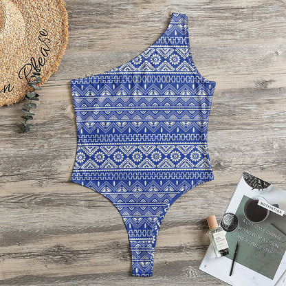 Blue And White African Pattern Print One Shoulder Bodysuit