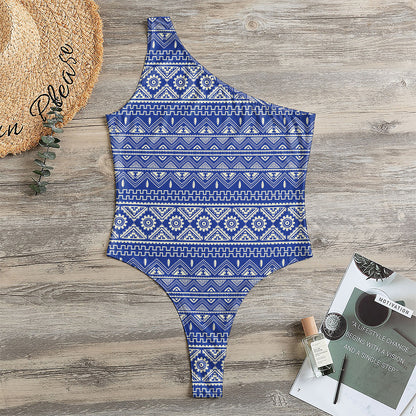 Blue And White African Pattern Print One Shoulder Bodysuit