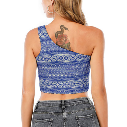 Blue And White African Pattern Print One Shoulder Crop Top