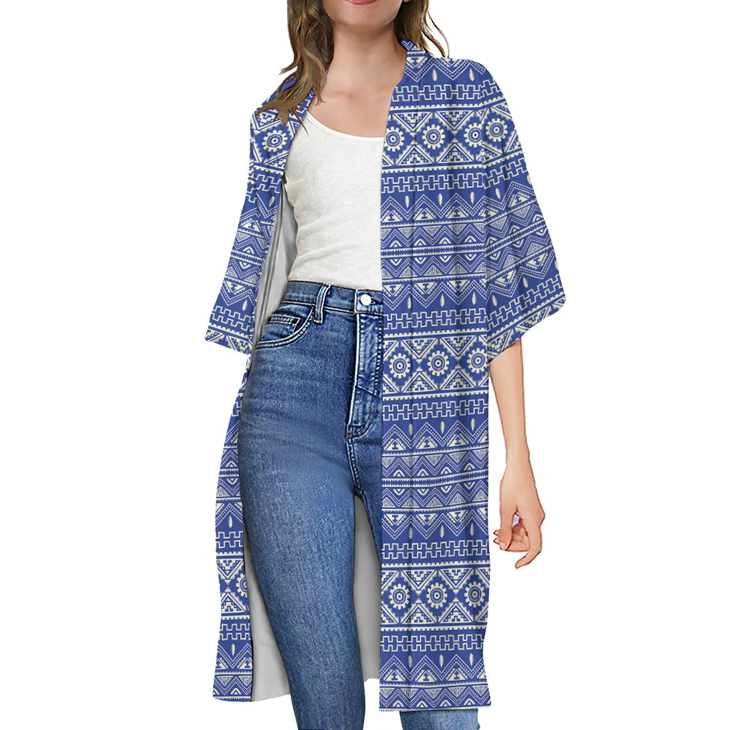 Blue And White African Pattern Print Open Front Beach Cover Up