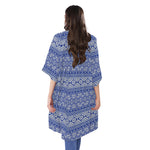 Blue And White African Pattern Print Open Front Beach Cover Up