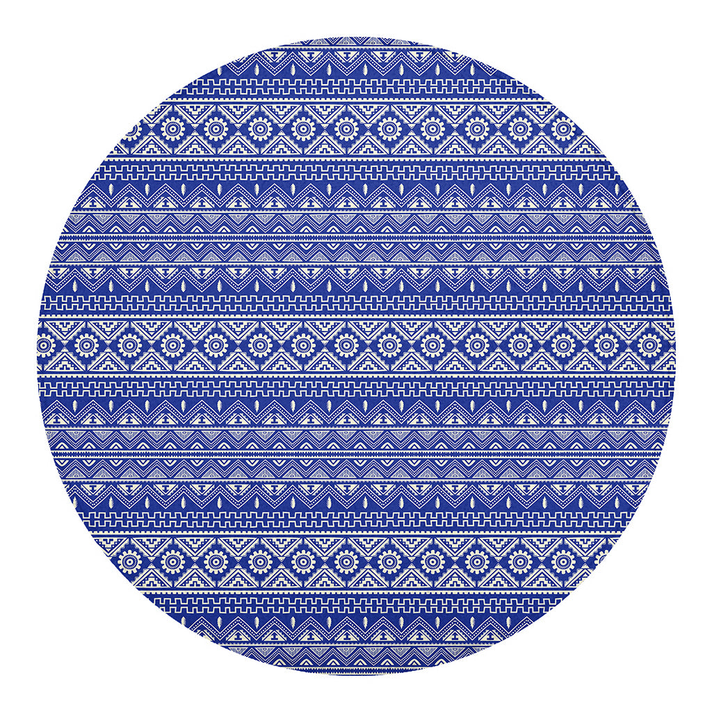 Blue And White African Pattern Print Round Blanket