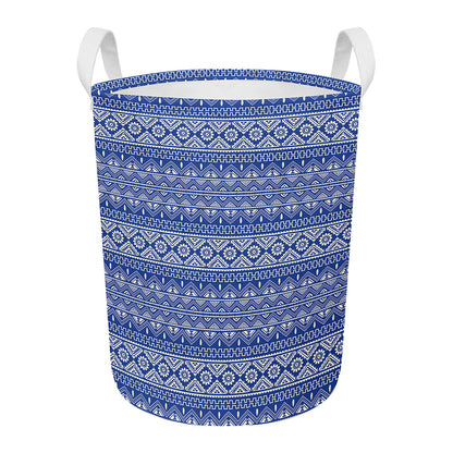 Blue And White African Pattern Print Round Laundry Basket
