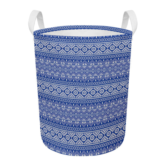 Blue And White African Pattern Print Round Laundry Basket