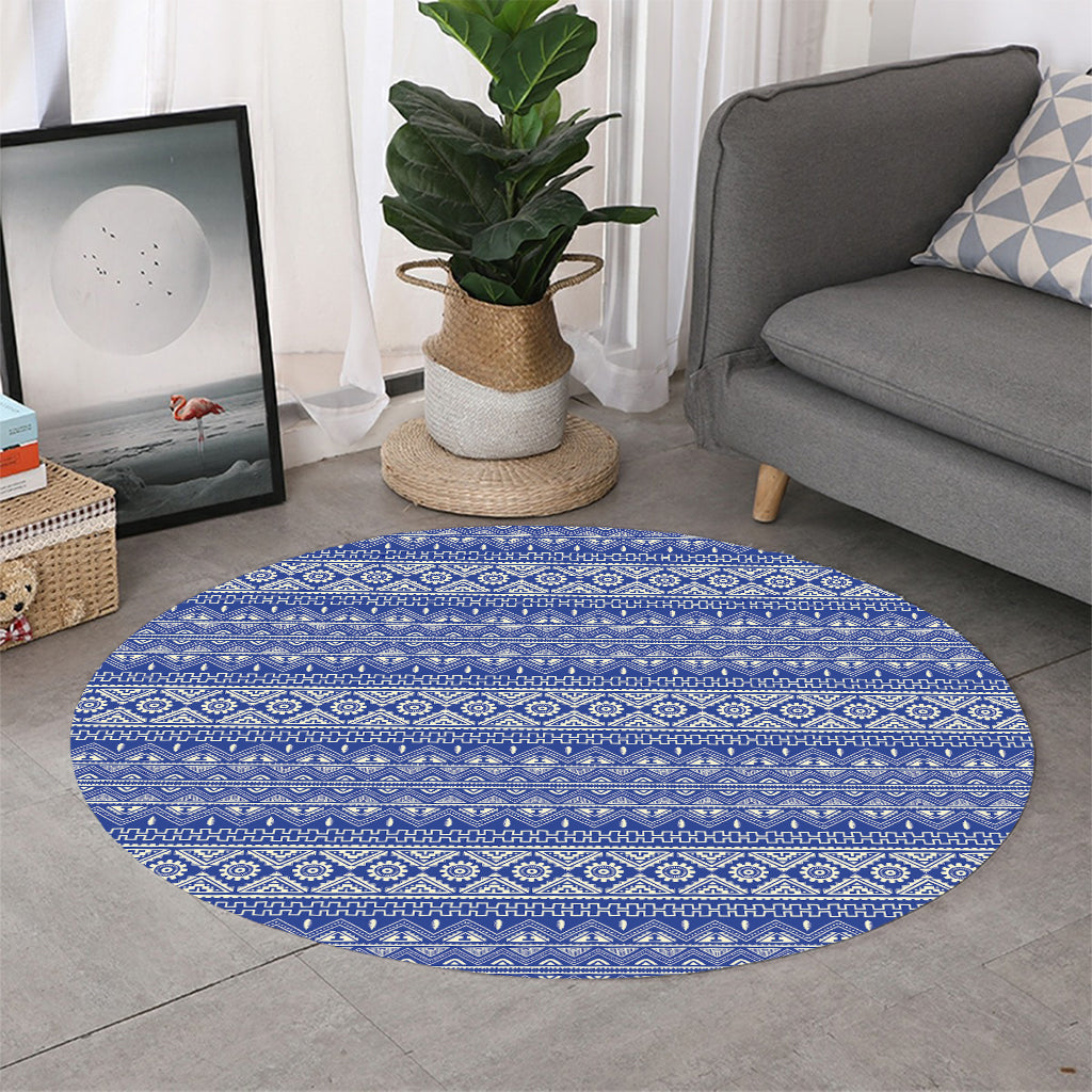 Blue And White African Pattern Print Round Rug