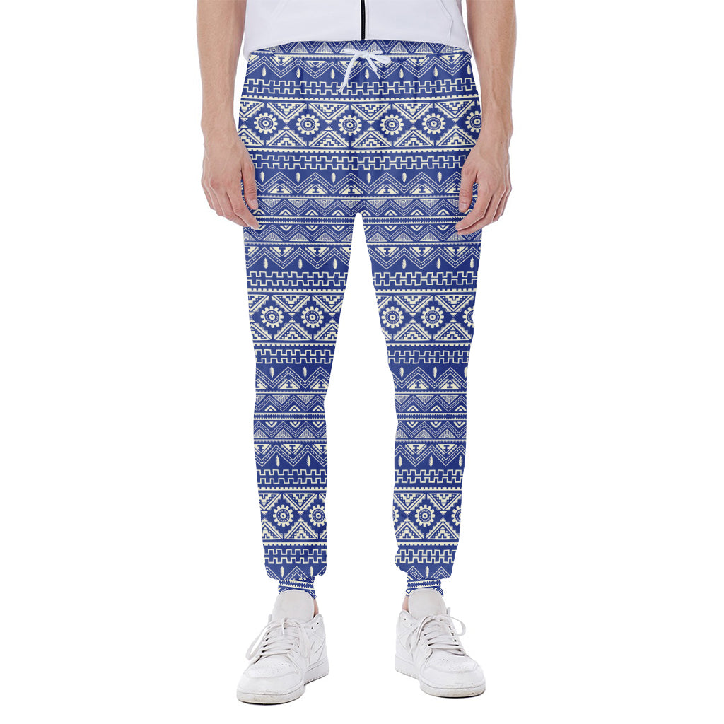 Blue And White African Pattern Print Scuba Joggers