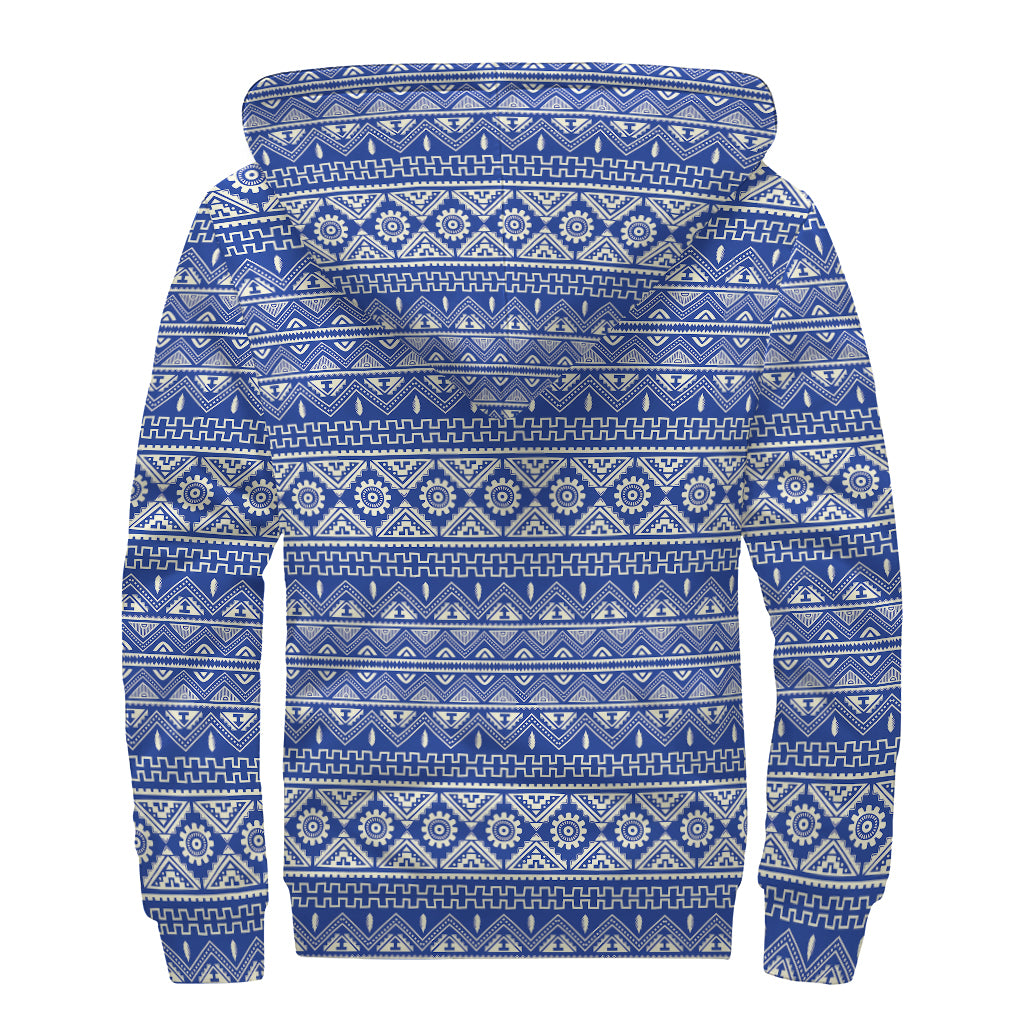 Blue And White African Pattern Print Sherpa Lined Zip Up Hoodie