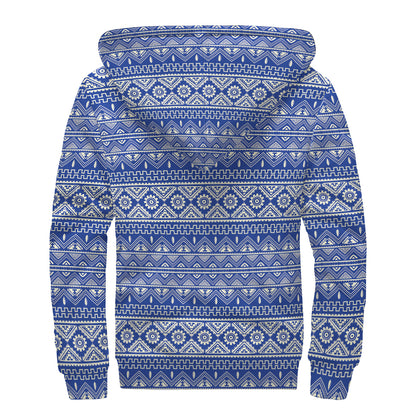 Blue And White African Pattern Print Sherpa Lined Zip Up Hoodie