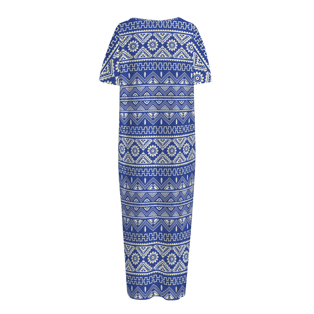 Blue And White African Pattern Print Short Sleeve Long Nightdress