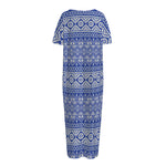 Blue And White African Pattern Print Short Sleeve Long Nightdress