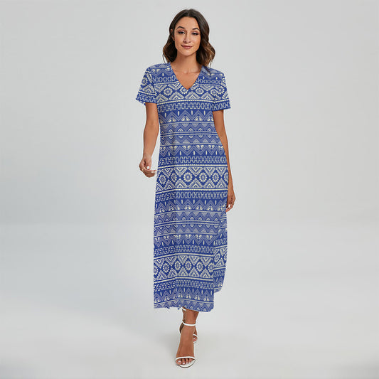 Blue And White African Pattern Print Short Sleeve Maxi Dress
