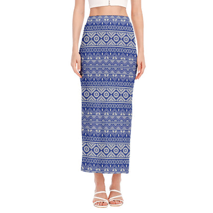 Blue And White African Pattern Print Side Slit Maxi Skirt