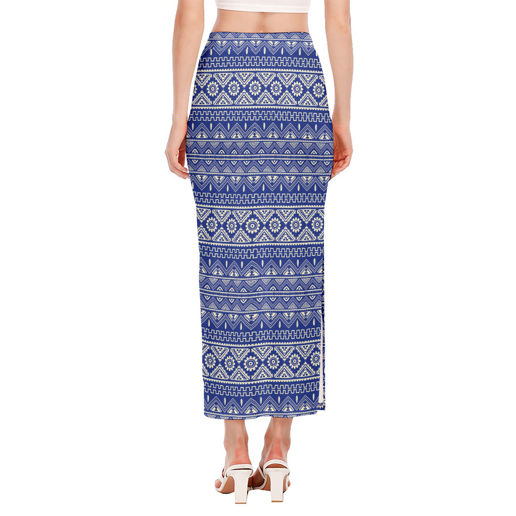 Blue And White African Pattern Print Side Slit Maxi Skirt